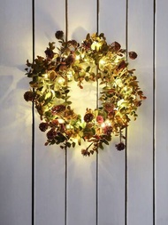 1入組30cm仿真尤加利樹、蒲公英、錢葉模擬植物led燈小圓環,家居門窗桌面牆壁掛飾,假日派對裝飾