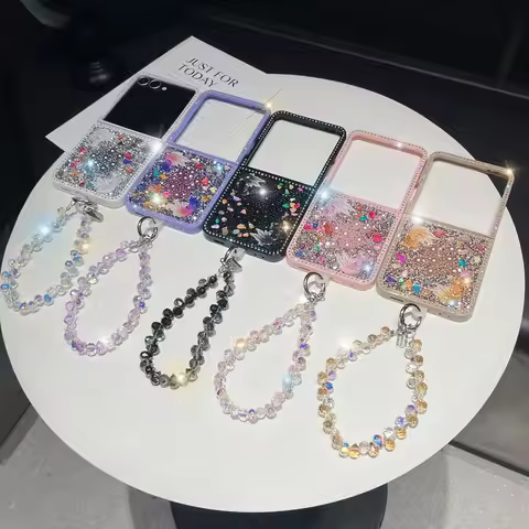 For Samsung Galaxy Z Flip 3 4 5 6 7 Flip7 F7220 Flip6 Luxury Fashion Diamond Fish Stone Pearl Strap 