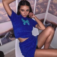 🦋Dollskills Delias fuzzy butterfly  y2k blue top+skirt set 毛毛藍色蝴蝶短袖高腰半截裙短裙套裝