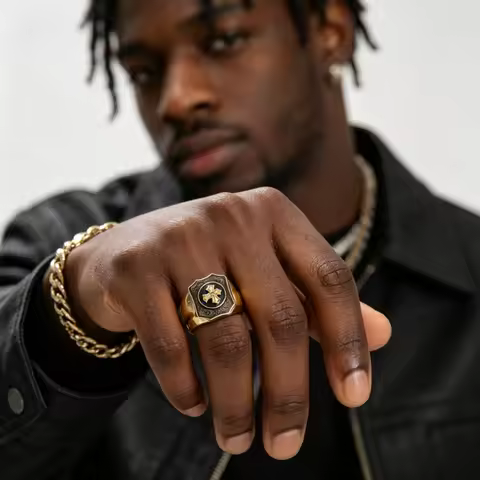 European and American Celebrity-style Men's Rings - Black Agate Faith and Power Cross Men's Ring - P