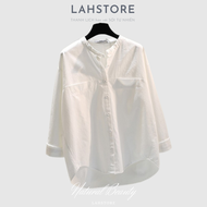 Áo sơ mi nữ form rộng tay dài vải thô cotton cổ tàu 2 túi ngực LAHSTORE AT06 (Trắng)