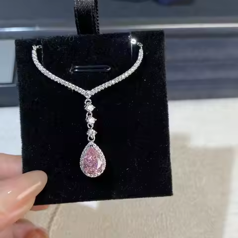 18K white gold and platinum PT950V type necklace pendant pink diamond radiant cut moissanite pendant
