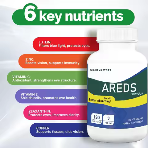 AREDS eye vitamins, containing copper, lutein, zeaxanthin, vitamins A, C, and E, zinc supplements, 1