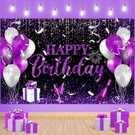 5x3ft Black Purple and Silver Birthday Photography Backdrop Happy Birthday Banner for Girls Women Me