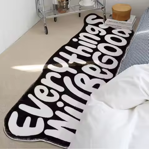 VIKAMA Black And White Letters Imitation Cashmere Strip Carpet Home Decoration Cooling Bedroom Bed B