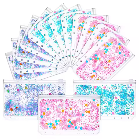 New 12 Pieces A5 A6 Binder 6 Holes PVC Pockets Glitter Cash Envelope Zipper Folders Loose Leaf Bags 