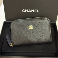chanel 黑色山羊皮菱格紋 拉鍊零錢包 卡包