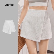 Lovito Casual Shorts Eyelet Embroidery Asymmetrical Spring/summer White Shorts for Women L143AD768 S