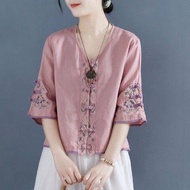 เสื้อสตรีคอวีสั้นทรงหลวมปักลายเสื้อคอตตอนลินินจีนเซนสำหรับผู้หญิงชุดน้ำชาฤดูร้อน