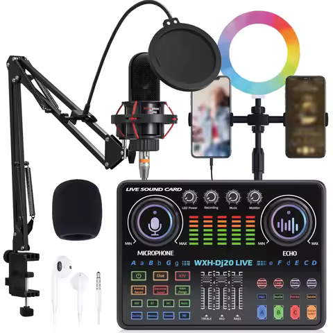 DJ20 Sound Card Kits Studio Record Professional Mixer Singing 48V Microphone BM800 for Karaoke Podca