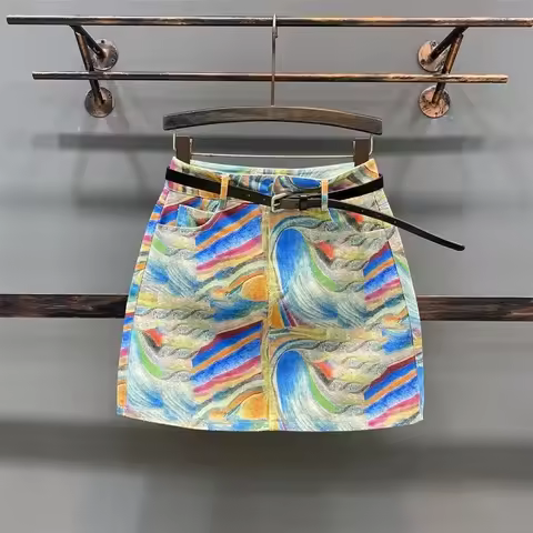 Summer New 2025 Denim Skirt Women New Color Printing Dyeing Temperament Cowboy Skirt Ladies High Wai