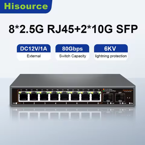 Hisource 2.5G None-POE Network Switch 8 Port Ethernet Switch with 2*10G SFP+ for IP Camera/NVR