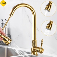 Mixer Kitchen Tap Brass Copper Water Sink Tap Kitchen Faucet with Pull Out Sprayer（Gold）)