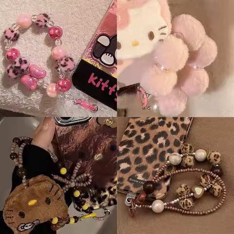 Cute Beaded Phone Wrist Strap Fuzzy Plush Leopard Print Handmade Bracelet Lanyard Kawaii Vintage Sty