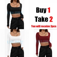 Buy 1Take 2 & Buy 1Take 1 Double Lining Square Neck Long Sleeves Top Body Hugging Top Cotton Spandex