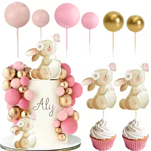 13/43pcs Little Bunny Cake Toppers Beige Blush Pink Balls Bunny Cupcake Toppers for Rabbit Baby Show