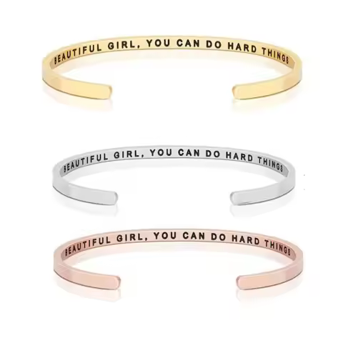 4mm Woman Bracelet Inspirational Engraved Cuff Bangles "Beautiful Girl,You Can Do Hard Things"Stainl