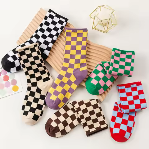 Women Socks Geometric Checkered Korea Funky Harajuku Trend Checkerboard Socks Men Hip Hop Cotton Uni