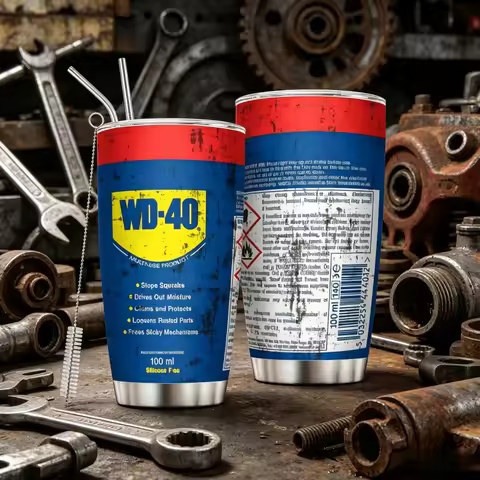 20oz WD40 & STP Engine Oil Filter Print Vacuum Tumbler: Double Wall Stainless Steel Water Bottle wit