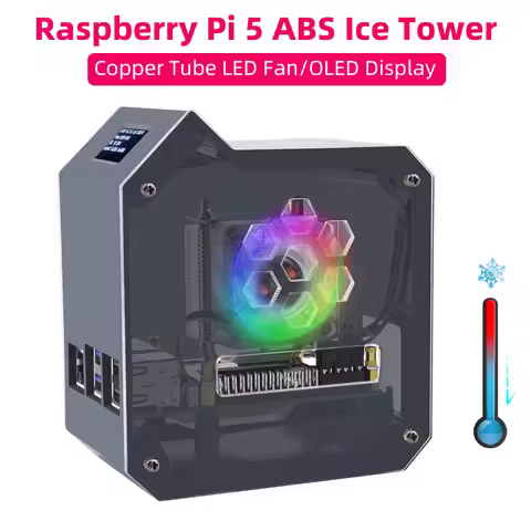Raspberry Pi 5 ABS Mini Tower Case Copper Tube Ice Tower Fan PWM JST 4Pin Port RGB LED with 0.96" OL