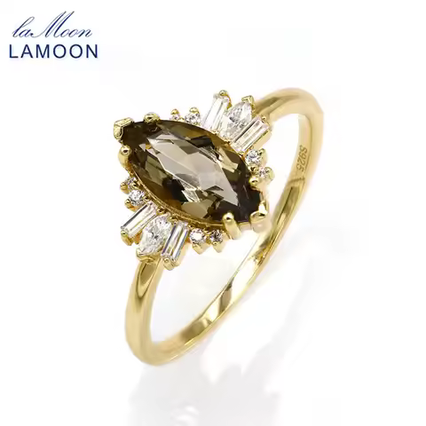 LAMOON Trendy Natural Smoky Quartz Gemstone Rings For Women 925 Sterling Silver K Gold Plated Fine J