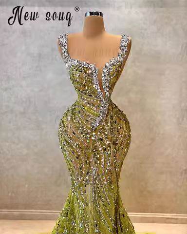 Crystals Spaghetti Strap Sage Green Cocktail Dress Arabic Long Mermaid Formal Dress Gown Women Birth