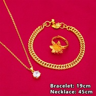 Original 916 Gold Pawnable Non Fading Zircon Necklace Bell Bracelet Flower Ring Set Engagement Jewel
