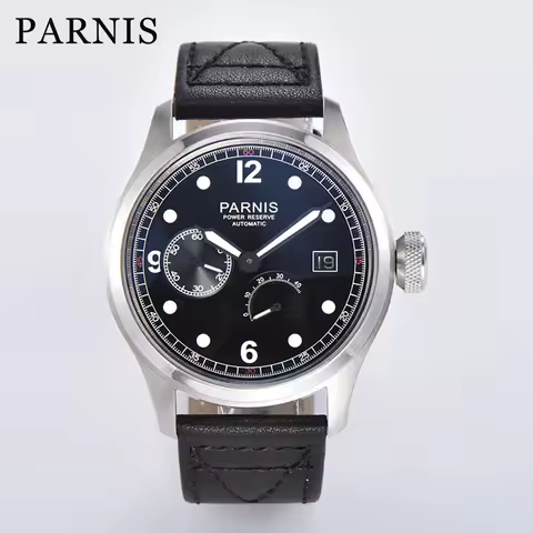 Parnis 46.5mm Black Dial Automatic Men Watch Silver Case Power Reserve Calendar Mechanical Men's Wat