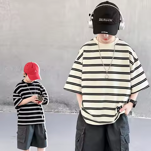 2026 New Summer Teen Boy Short Sleeve Striped T-Shirt Outfits Tops Kids Children Cotton Tshirt Tee T