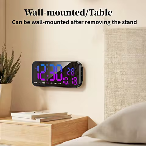 USB Powered RGB Digital Wall Clock TEMP Date 2 Alarm Snooze Table Clock 12/24H LED Alarm Clock with 