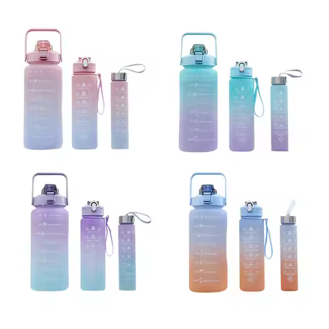 3pcs Outdoor Sport Water Bottle Frosted Gradient 2000ML+800ML+500ML Cold Water Bottle with Time Mark