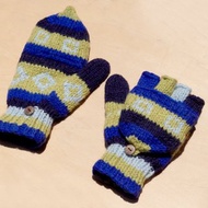 聖誕禮物 創意禮物 限量一件手織純羊毛針織手套 / 可拆卸手套 / 保暖手套(made in nepal) - 藍色童趣色