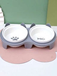 1只陶瓷寵物貓碗,傾斜口設計有助於保護頸部,雙碗設計同時適合飲水和進食,防止溢出