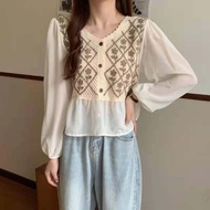 Big Size Blouse Rajut Lengan Sifon Atasan Wanita Motif Kotak Bunga2 Lucu Retro Korea