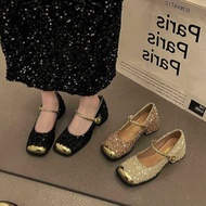 Classy Mouth Shoes Women Mary Hundred Thick Shoes Sequins Light Wide Square Toe Precious Size 43 Fee