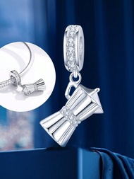 1入組時尚真實925純銀方晶鋯石咖啡餐具吊墜釘珠適合女士適合手鍊手鐲DIY首飾類派對禮物精細女士們珠寶和手錶