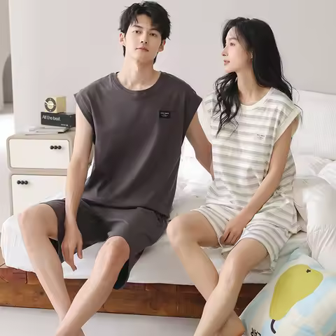 Summer Couple Pajama Set Men Knited Cotton Sleeveless Pyjamas Women Pijama With Chest Pad