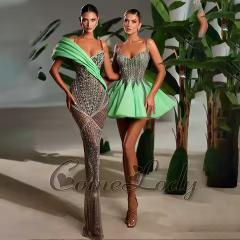 Comelody Luxurious Spaghetti Straps Mini Cocktail Dresses for Teen Rhinestones V-neckline Vestidos D