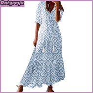 Women Summer Dress A-line Big Hem Bohemian Style Half Sleeves Tassel V Neck Loose Printed Vacation B