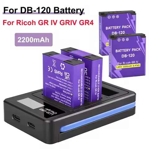 2200mAh for DB-120 Battery for Ricoh GR IV GRIV GR4 BJ-12 DB 120 Camera Battery with LCD USB 3-Slots