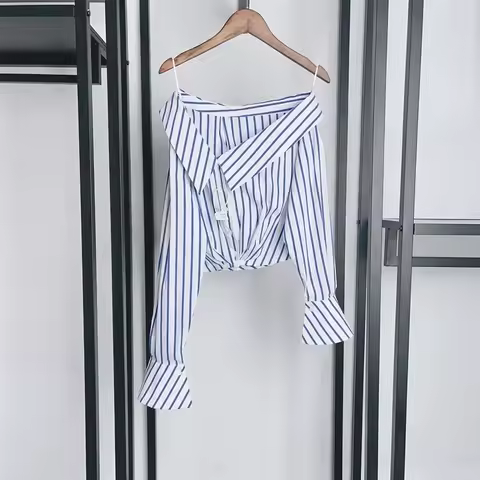 2024 Spring and Summer New Women Striped Short Sloping Shoulders Shirt / Rhinestone Wide-leg Jeans