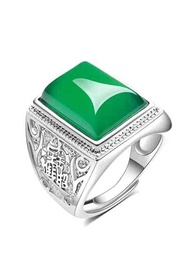 綠色瑪瑙玉戒指玉髓男戒指s925銀鑲嵌豪華