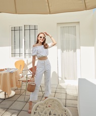 Sis story กางเกงยีนส์ขายาว เอวสูง ทรงตรง  พับขา Sis322 Audrey Jeans Light Blue/ So blue/White