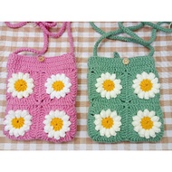 Daisy Flower Pink ,Green Small Crochet Sling Bag For Women,Girls, For Handphone,Small Purse,Beg Kait