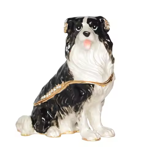 Border Collie Bejeweled Hinged Trinket Jewelry Box Miniature Dogs Sculpture Birthday Gift