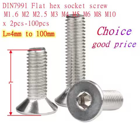 2pcs-100pcs DIN7991 stainless steeel 304 flat hex socket countersunk head screw M1.6 M2 M2.5 M3 M4 M