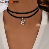 1pc Gothic Moon with Round Plastic Black Veet Double Layer Choker Necklaces with Alloy End Chain 12.