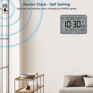 WallarGe Atomic Clock with Indoor Outdoor Temperature, Self-Setting Digital Wall Clock Battery Opera