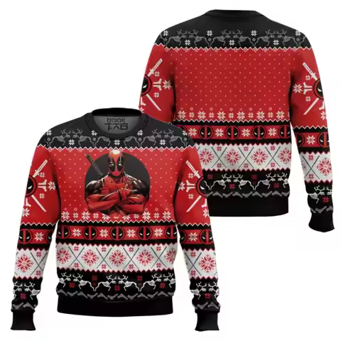 Marvel Deadpool Christmas Ugly Sweater Cross Arms Double Knife Mask Snowflake Elk Christmas Atmosphe