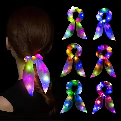 4pcs Led Light Up Bow Scrunchies Glow-in-the-Dark Hair Tie with Bow High Elasticity Rabbit Ear Hair 